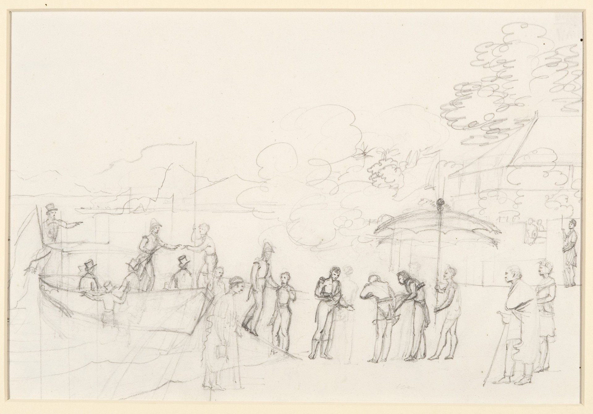Pencil sketch of a party landing ashore