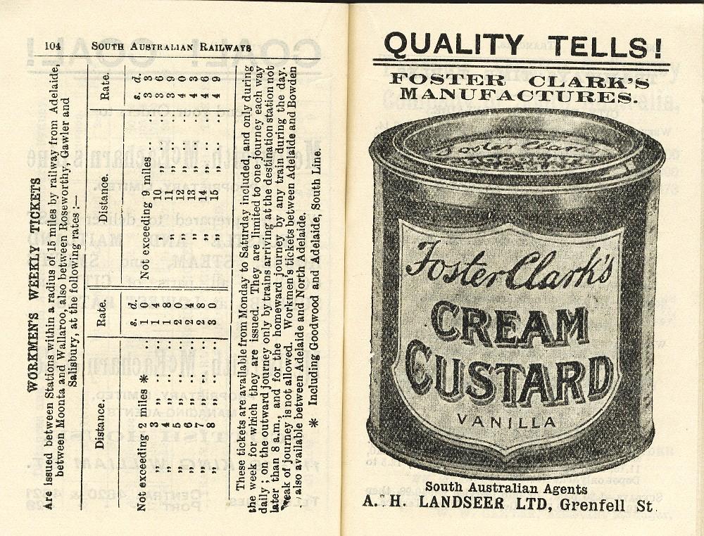1914 South Australian railway timetable and advertisement for Cream Custard
