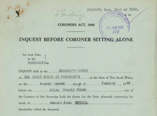 Top half of a page from an inquest file titled 'Inquisition before Coroner sitting alone'