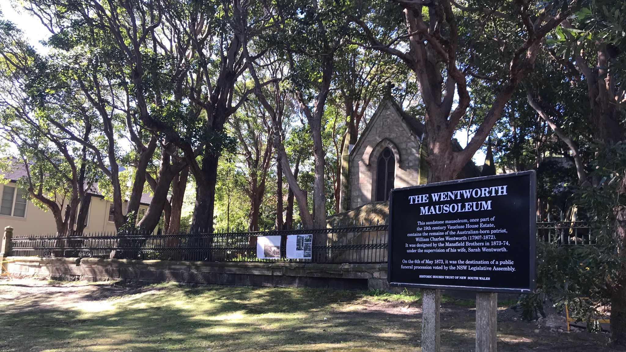 Photo of the Wentworth mausoleum with tabled light coming through the trees