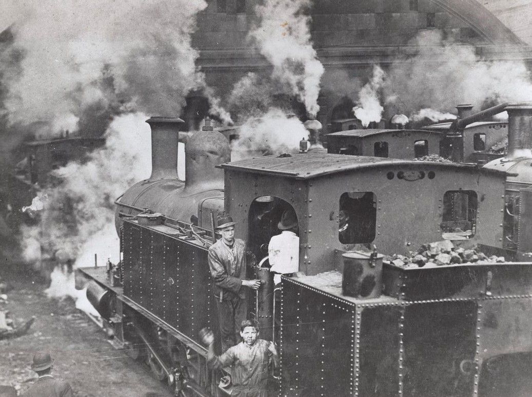 Private school boys cleaning engines at Eveleigh during 1917 Strike
