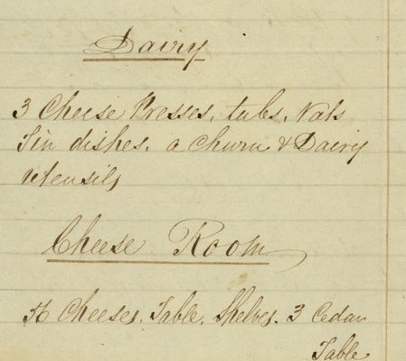 A handwritten list of assets in kitchen, dairy, cheese room and barn