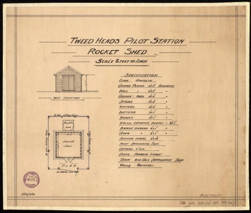 1923 plan of the Tweed Heads Pilot Station Rocket Shed Plan, Elevation & Specificatio