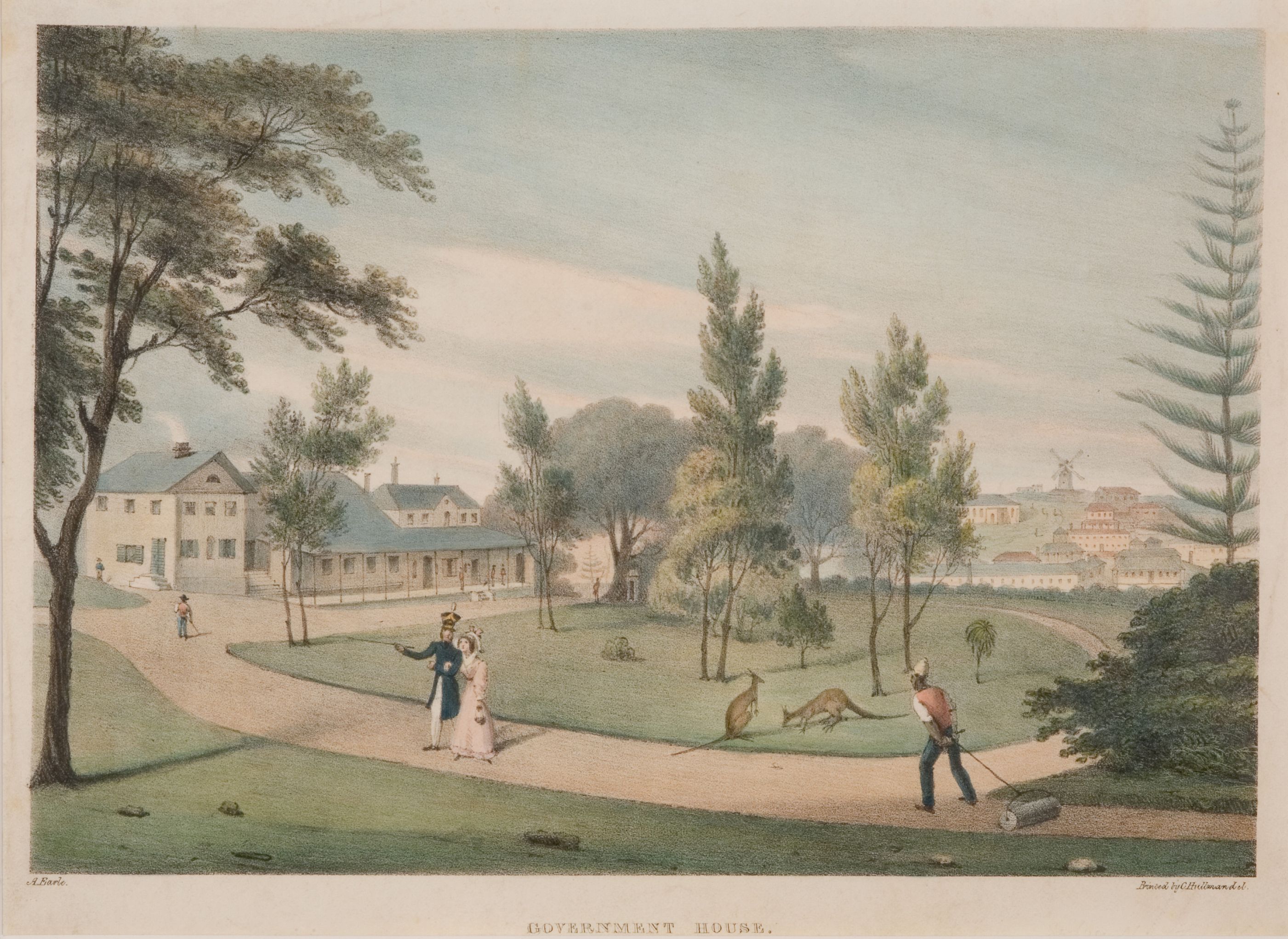 Painting of the garden area in front of a large house. Image shows a circular driveway, spare trees and lawn being grazed by kangaroos. 