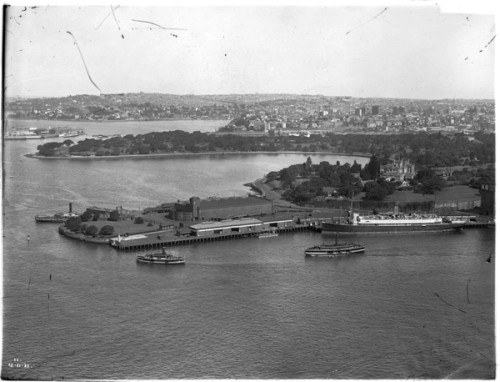 Circular Quay in 1931 showing the tram depot at Bennelong Point, before the Opera House was built