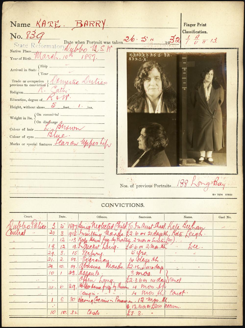 Document with the name 'Kate Barry' at the top and showing mugshots and list of convictions
