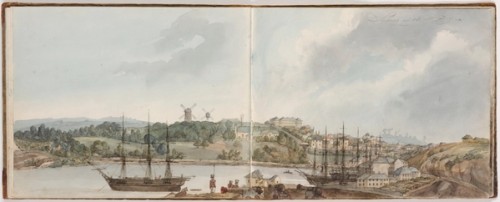 water colour painting in sketchbook showing sweeping views cross Sydney cove, past ships and water craft and docks through to the colonial town of sydeny and up to ridge beyond.