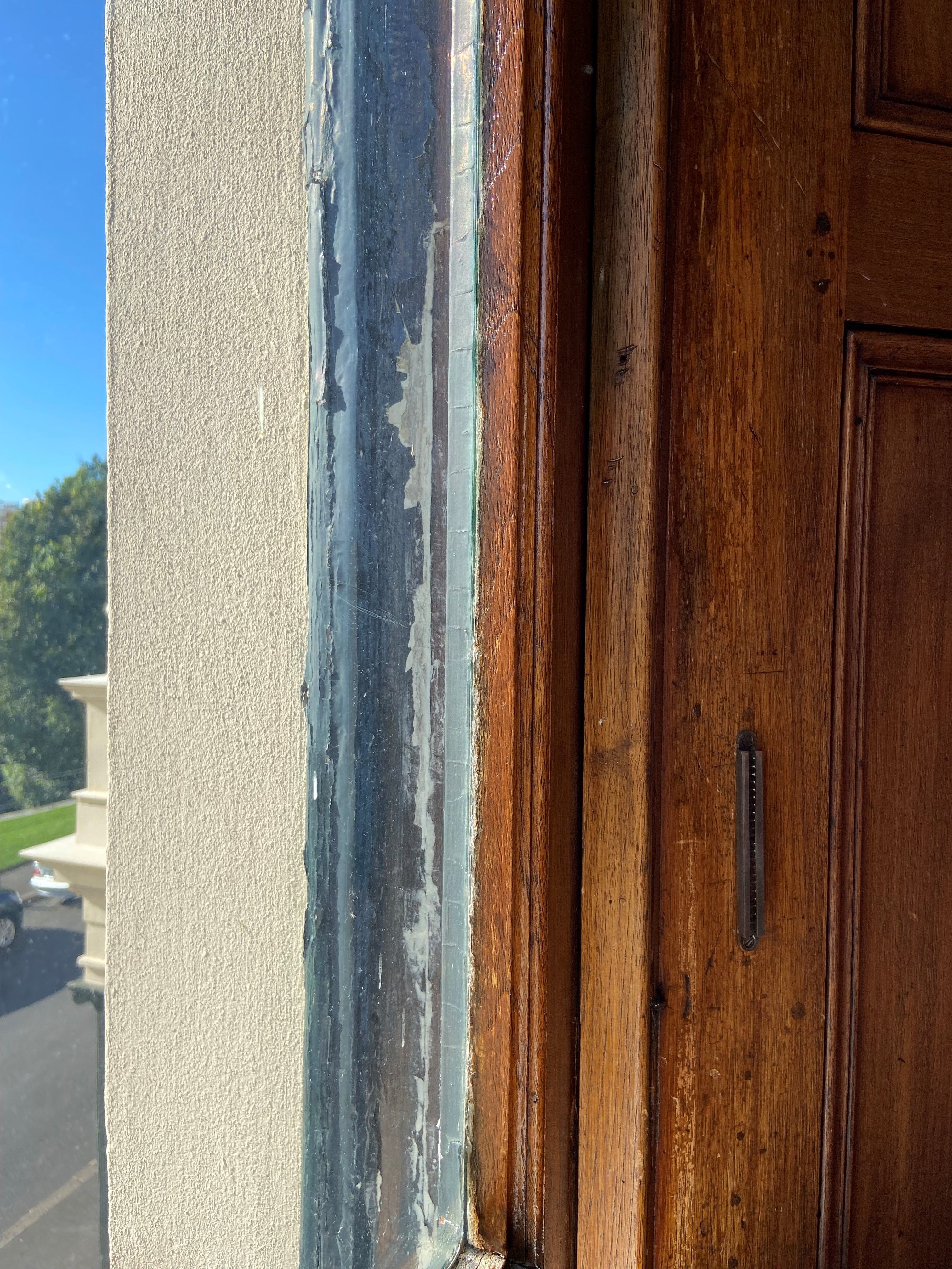 Deteriorated paint on the window frame at Elizabeth Bay House