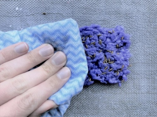 pressing a sponge over the pulped tissue paper. Seeds have been sprinkled over the paper