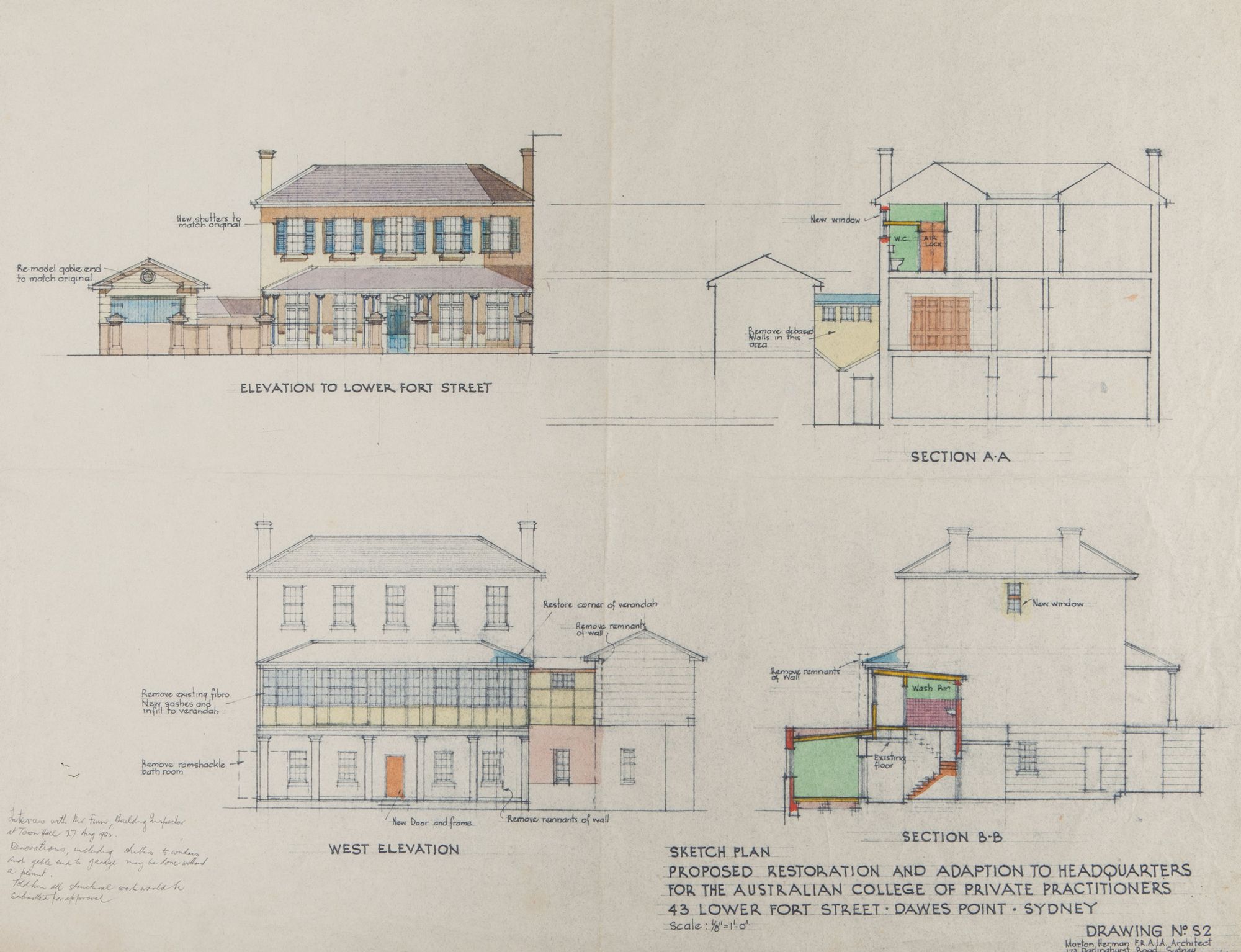 Set of 16 architectural drawings relating to the proposed restoration and adaption to headquarters for the Australian College of Private Practitioners, 43 Lower Fort Street, Dawes Point, Sydney / Morton Herman F.R.A.I.A. [architectural drawing]