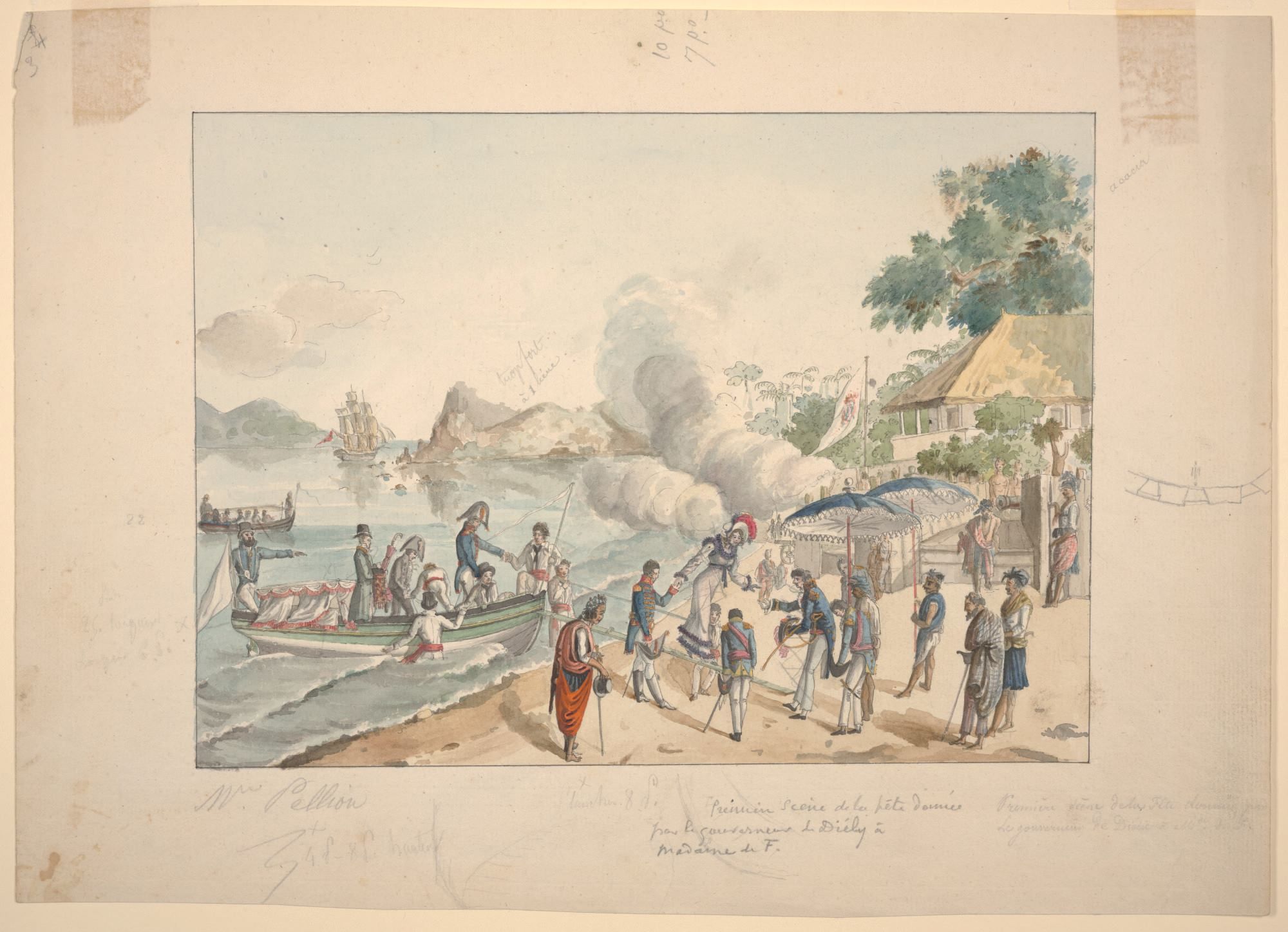 Watercolour painting depicting a group greeting people disembarking from a small boat