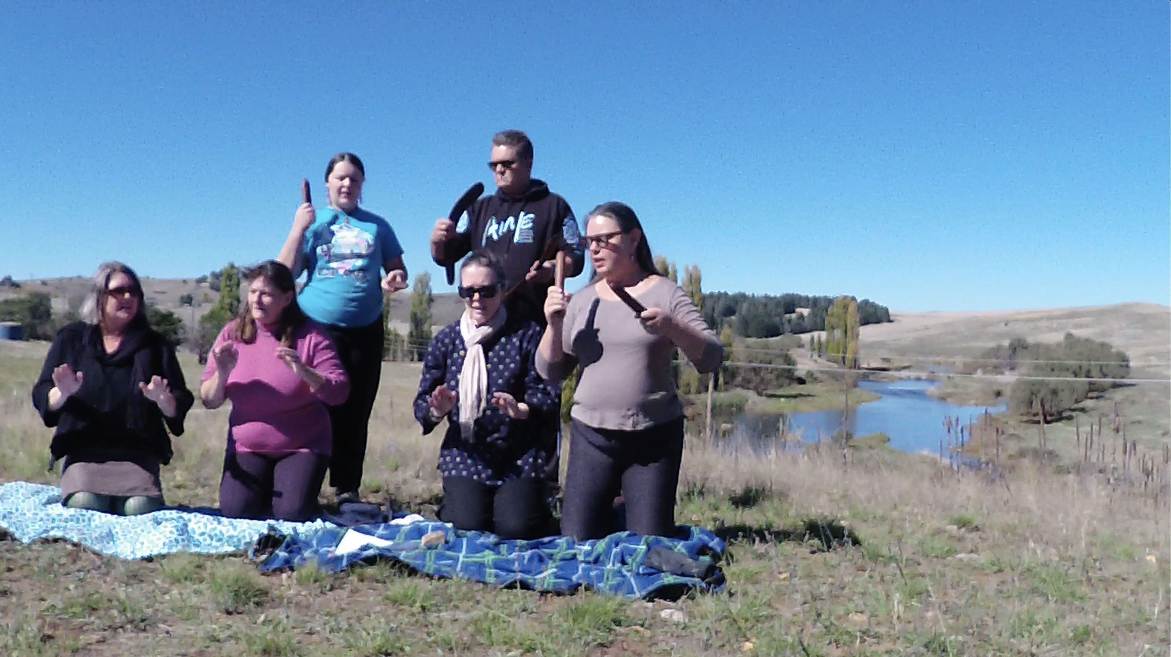 Performance at Mutong of ‘Ngarigu snow song’. Left to right: Amanda Harris, Jacinta Tobin, Lara Troy-O’Leary, Linda Barwick, Peter Waples-Crowe and Jakelin Troy