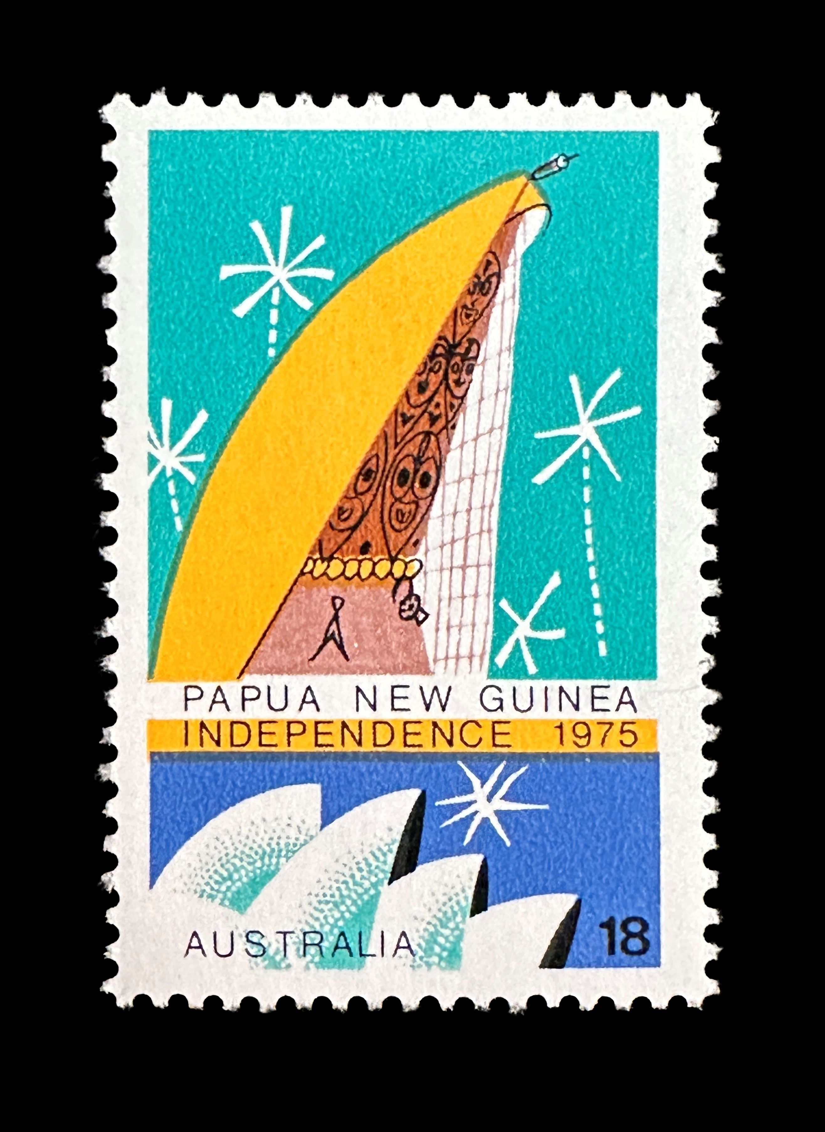A postage stamp in vertical format with perforations to all sides, the upper section has a green colour and depicts a tall, stylized structure with a curving yellow roof, a central band with the words Papua New Guinea Independence 1975, and below it the stylized roofline of the Sydney Opera House in white on a dark blue background, and the word Australia and number 18.