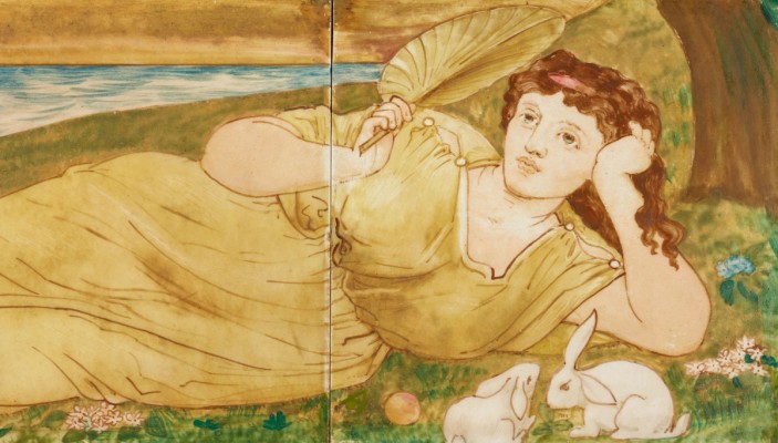 Hand painted title showing the middle section of reclining figure in landscape