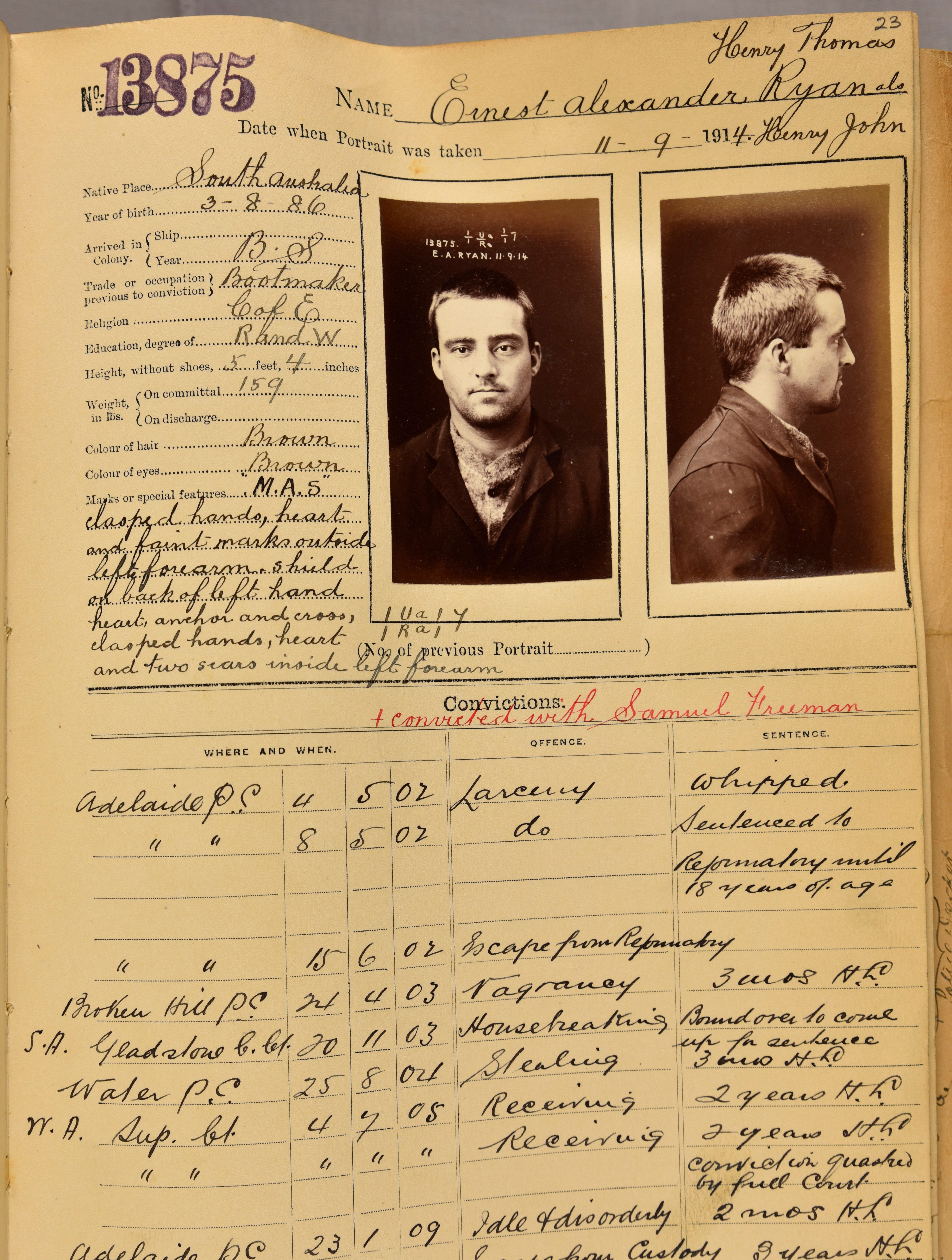 Gaol photo and description for Ernest Alexander Ryan dated 1914
