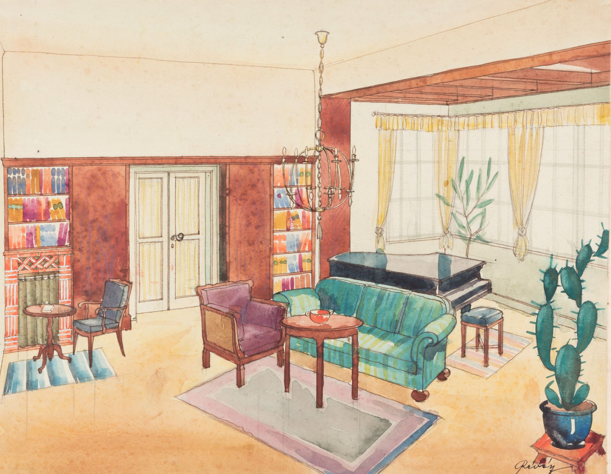 Colour sketch of a living room with lounge in the centre and a baby grand piano in front of a bay window