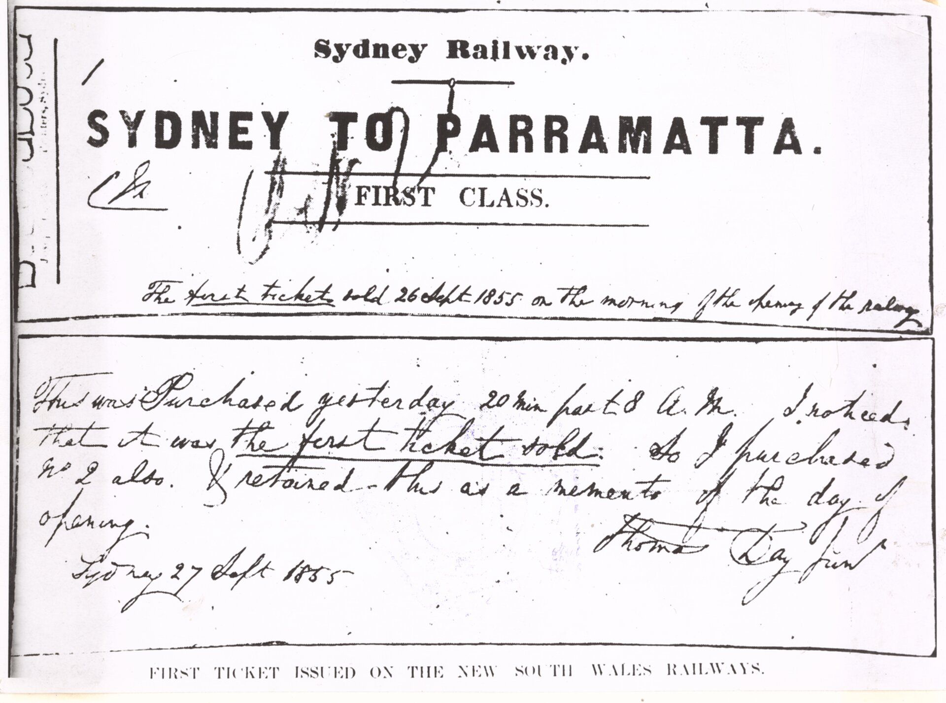 Copy of the first ticket sold on the Sydney train network in 1855
