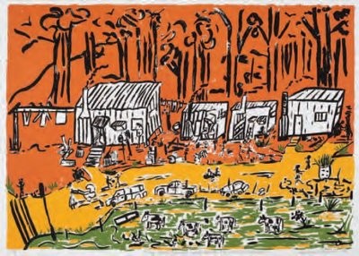 The seasonal workers (Eurobodalla), Lorraine Brown, 2006, screen-print, 66.5cm x 84.5cm. University of Wollongong Art Collection 