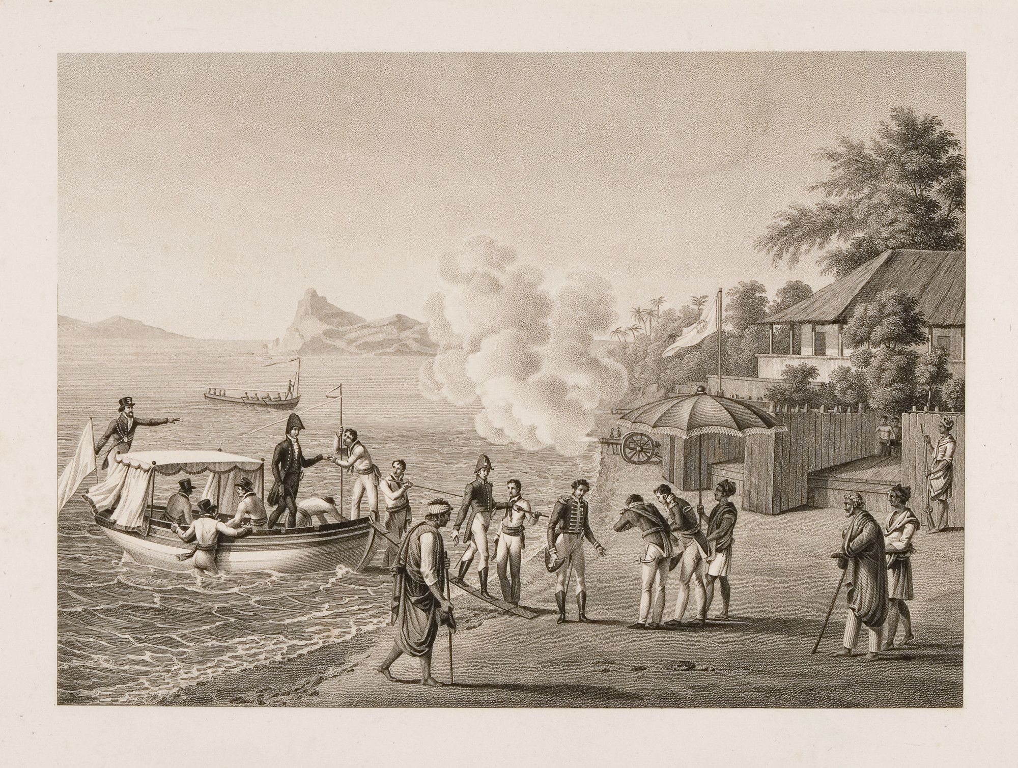 Engraving of a landing party coming ashore