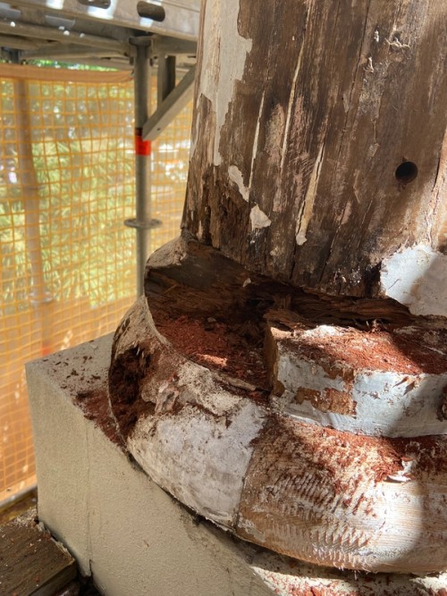 Close-up view of damaged column base