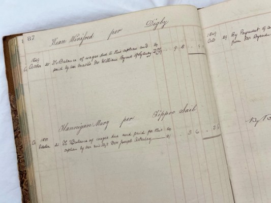 A large register sits open showing handwritten entries of wages paid to orphans