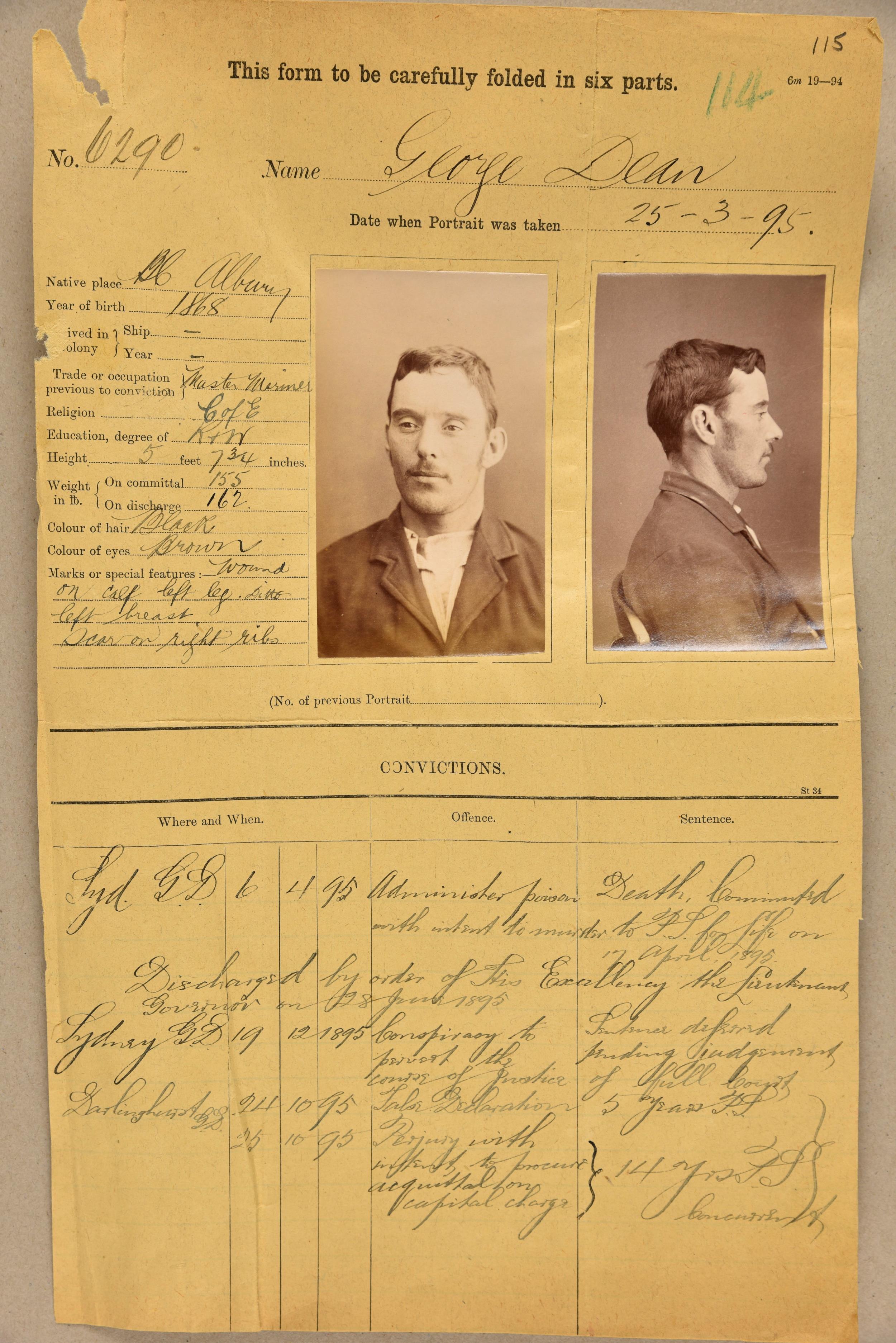 Mugshot of prisoner on a description card
