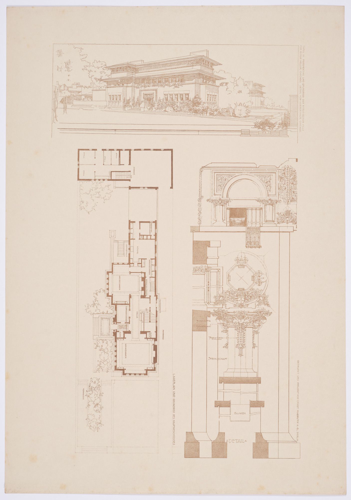 Drawing of a floor plan from the Wasmuth Portfolio 