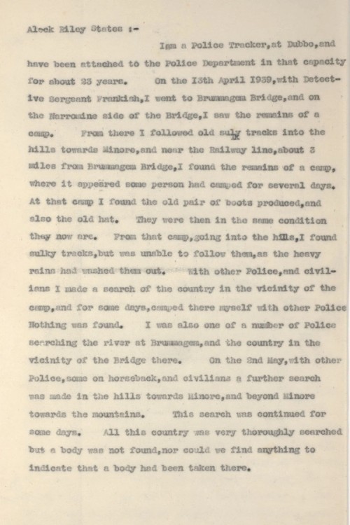 Sergeant Tracker Alexander Riley’s statement detailing the tracking of murderer Albert Moss in 1939