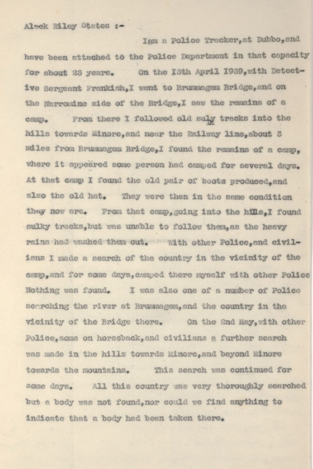 Sergeant Tracker Alexander Riley’s statement detailing the tracking of murderer Albert Moss in 1939