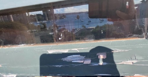 Deteriorated paint on the window frame at Elizabeth Bay House