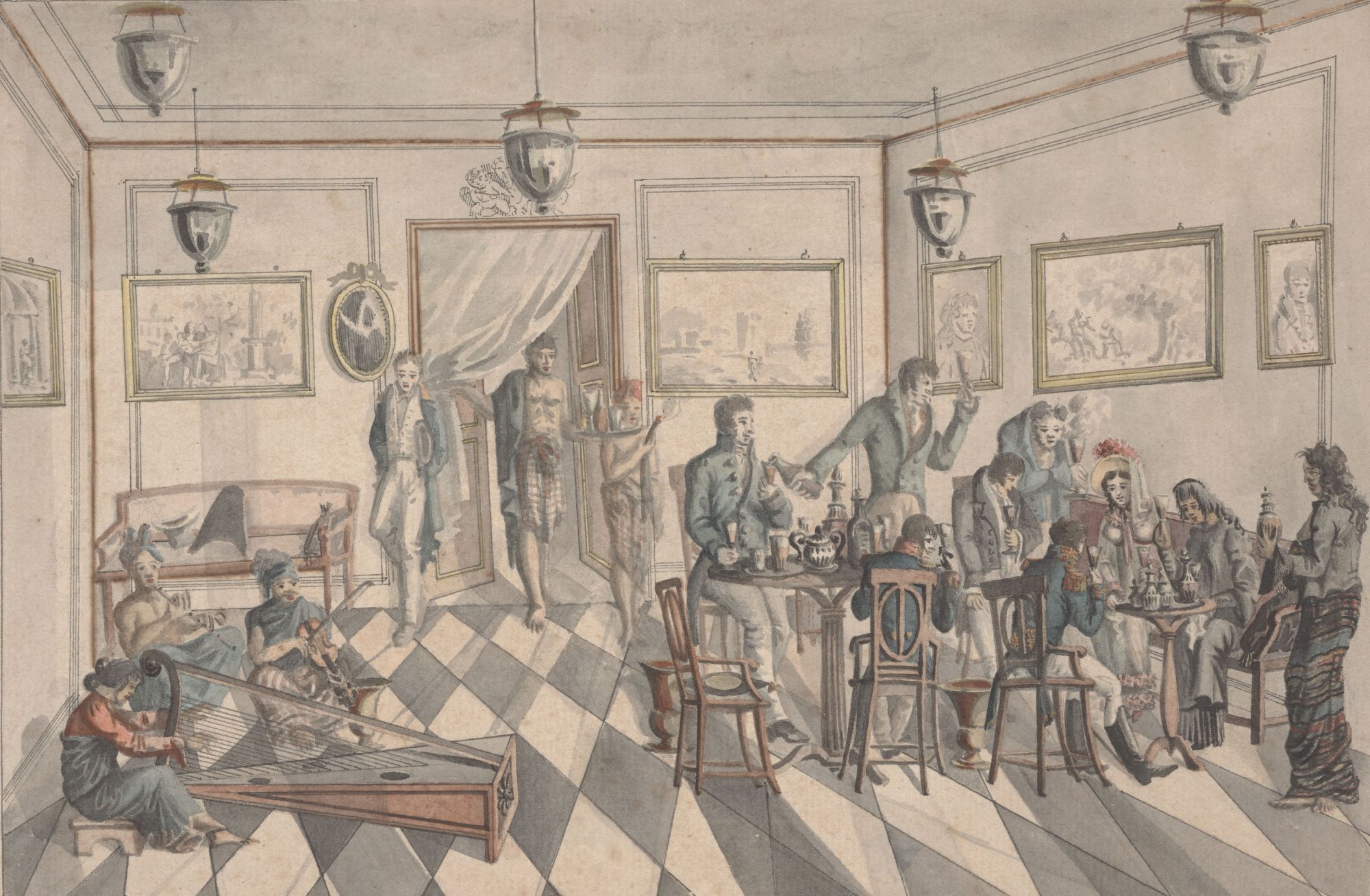 A watercolour painting of a group crowded around a table, servers bringing food, and a trio of musicians playing in a corner of the room