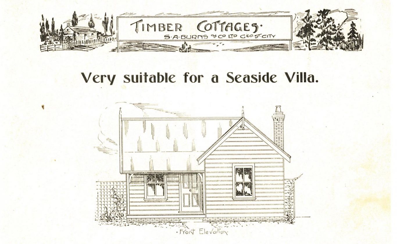 Drawing of a timber cottage with the words 'Very suitable for a seaside villa' above