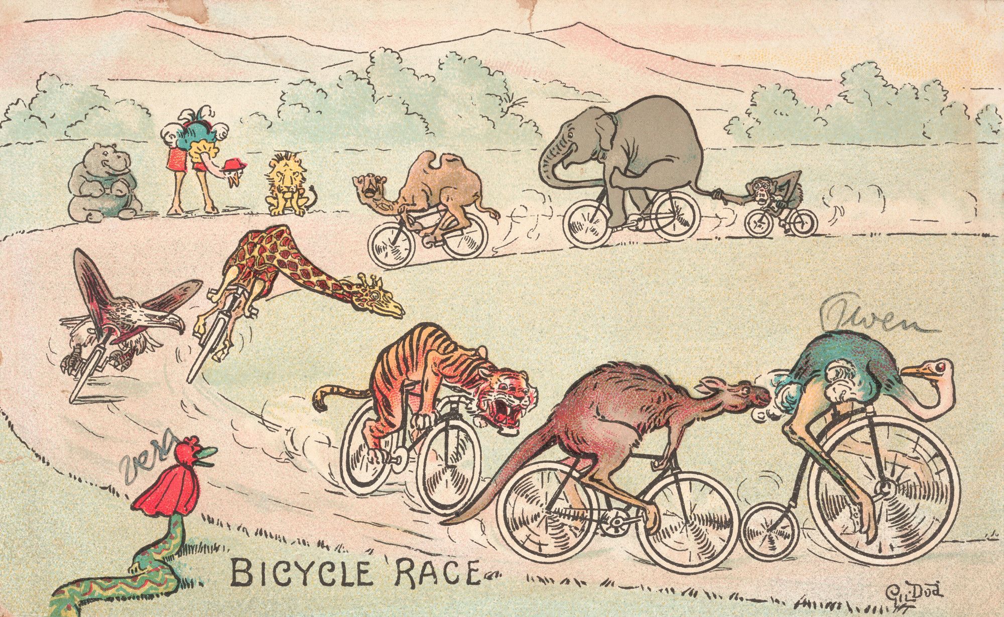 Painting of various animals racing on bicycles