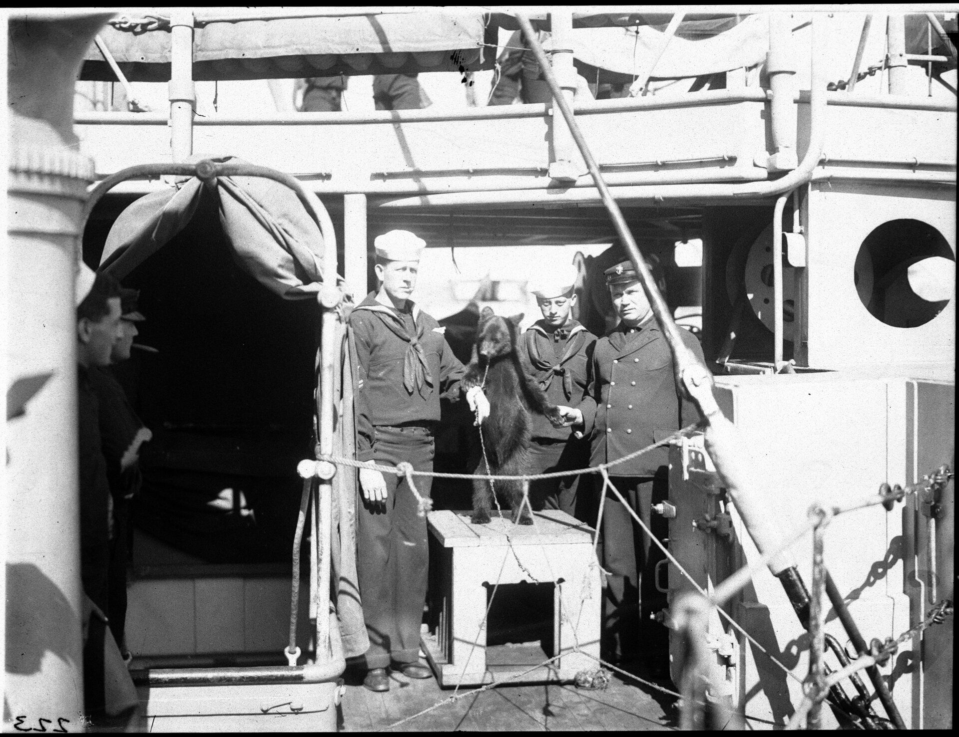 Two sailors on deck stand either side of a small bear