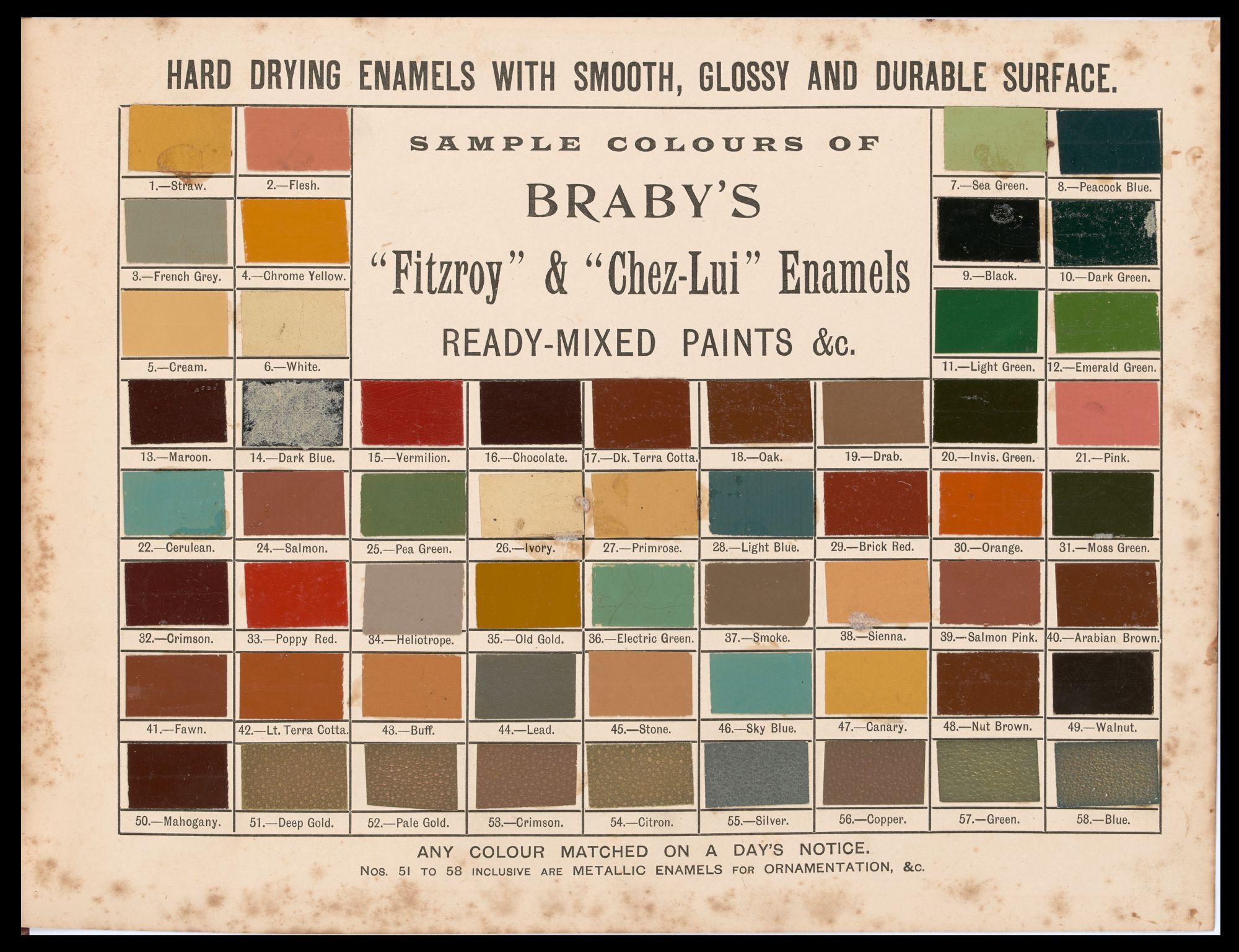 Sample colours of Braby's Enamels, Ready-mixed paints etc