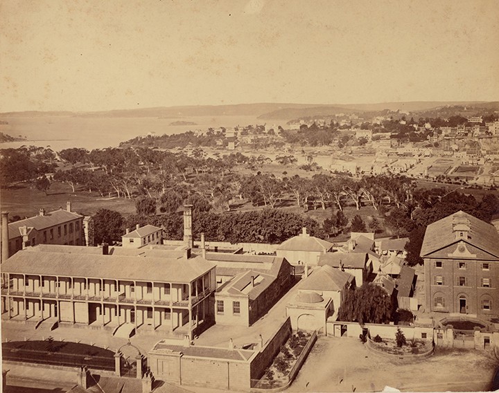 View of the Mint and the Hyde Park Barracks from the steeple of St James’ Church, American & Australasian Photographic Company, 1871. State Library of NSW: SPF/322