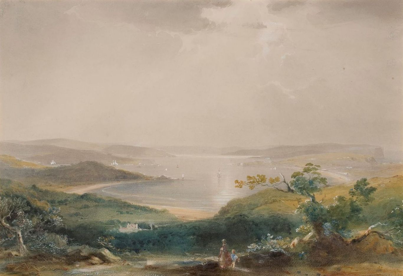Painting showing green hills leading down to a harbour with a bright, cloudy sky.