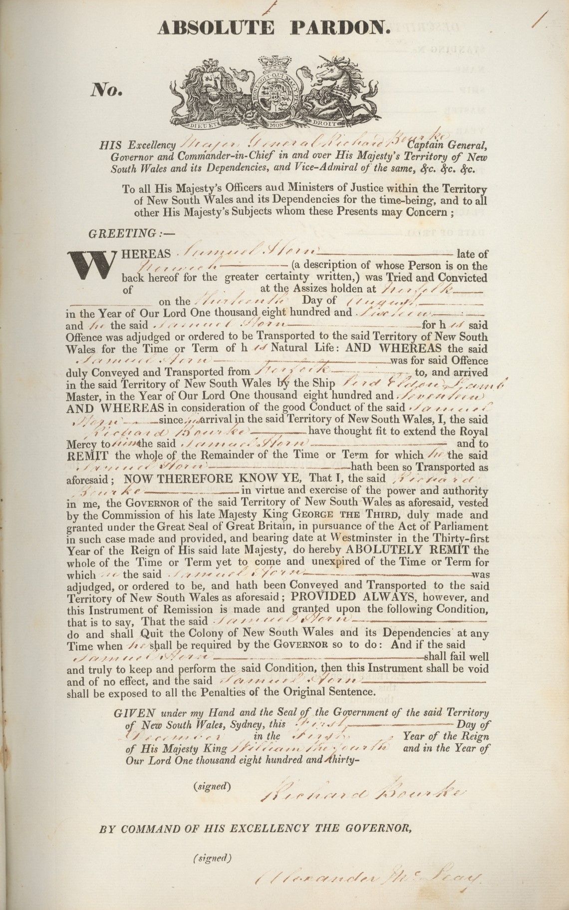 Absolute pardon for Samuel Horn, 21 April 1832. 