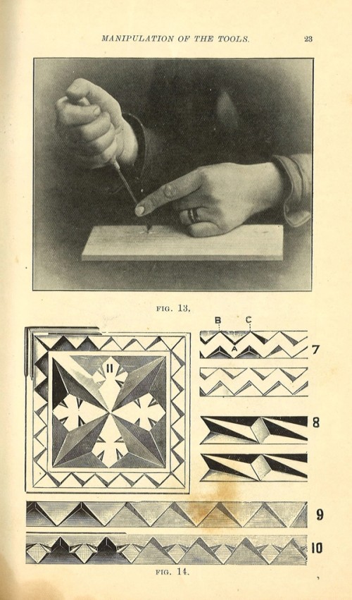 Chip-carving manual  Demonstration of chip carving as featured in: W. Jackson Smith, Chip-carving as a recreation: a practical manual for amateurs, L. Upcott Gill, London, 1903. For more information about this item, see the library catalogue.  Many amateurs gained instruction from magazines, newspaper articles and practical manuals.  The technique was considered to be adaptive to amateurs due to the utilisation of easily worked timbers and low relief decoration (generally not exceeding 5mm).  Caroline Simpson Library & Research Collection, Museums of History NSW. RB 745.51 SMI.