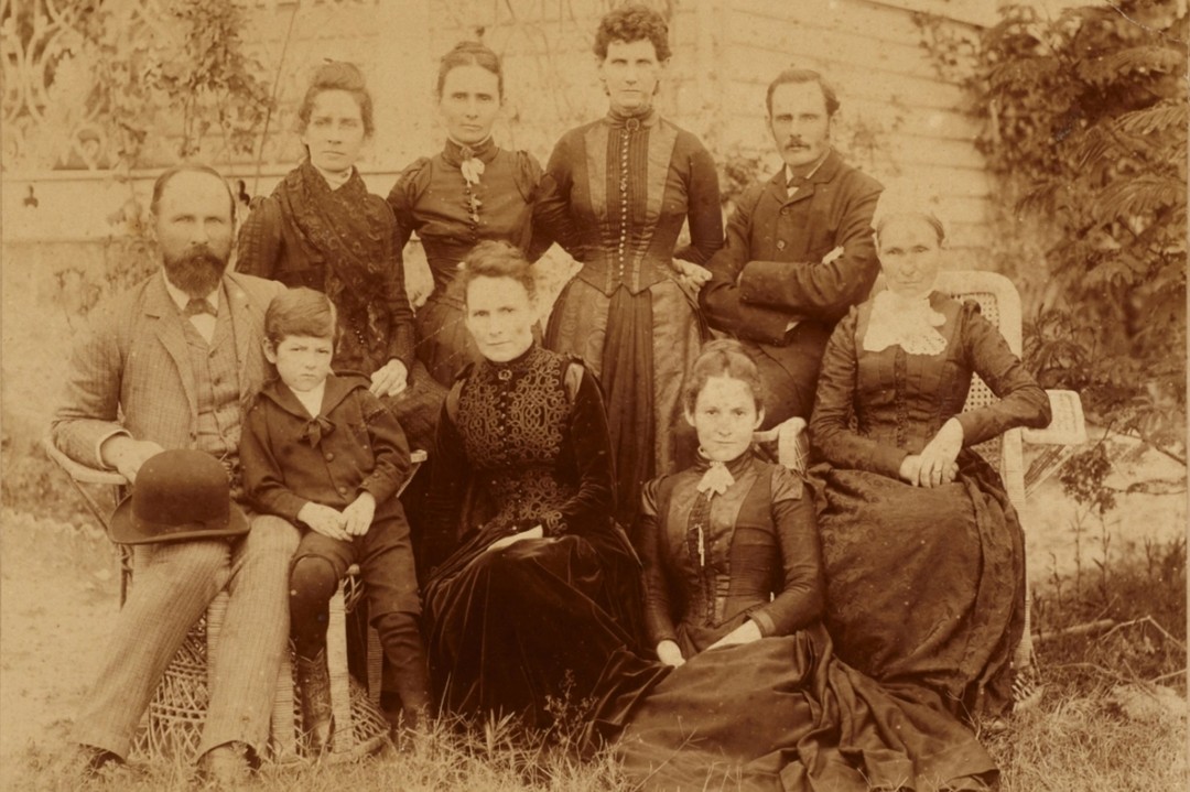 Black and white family group portrait.