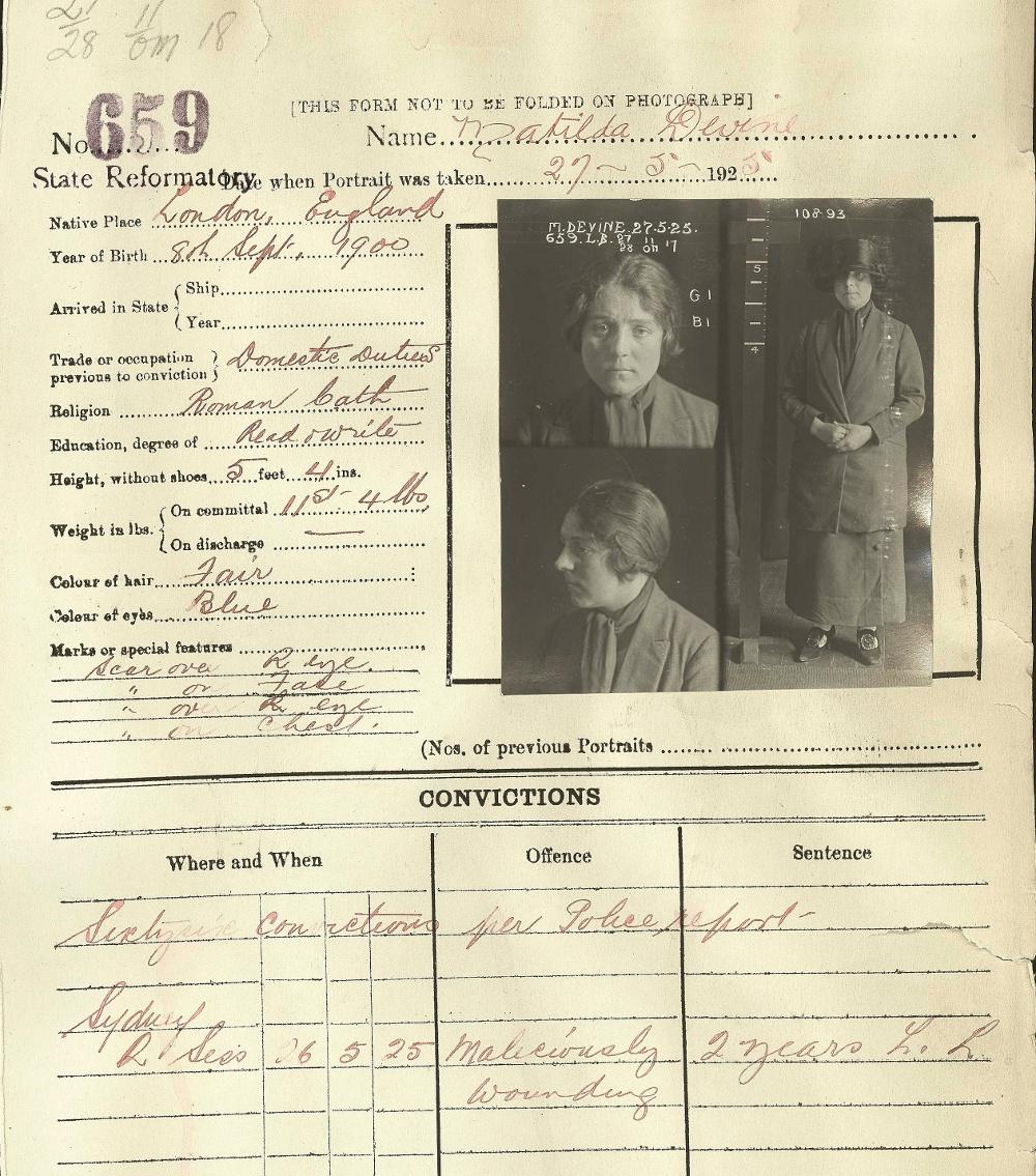 Mugshots and conviction sheet of Tilly Devine