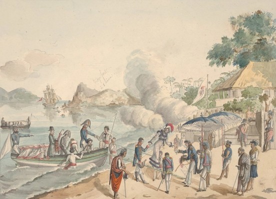 Watercolour of a group of people landing ashore