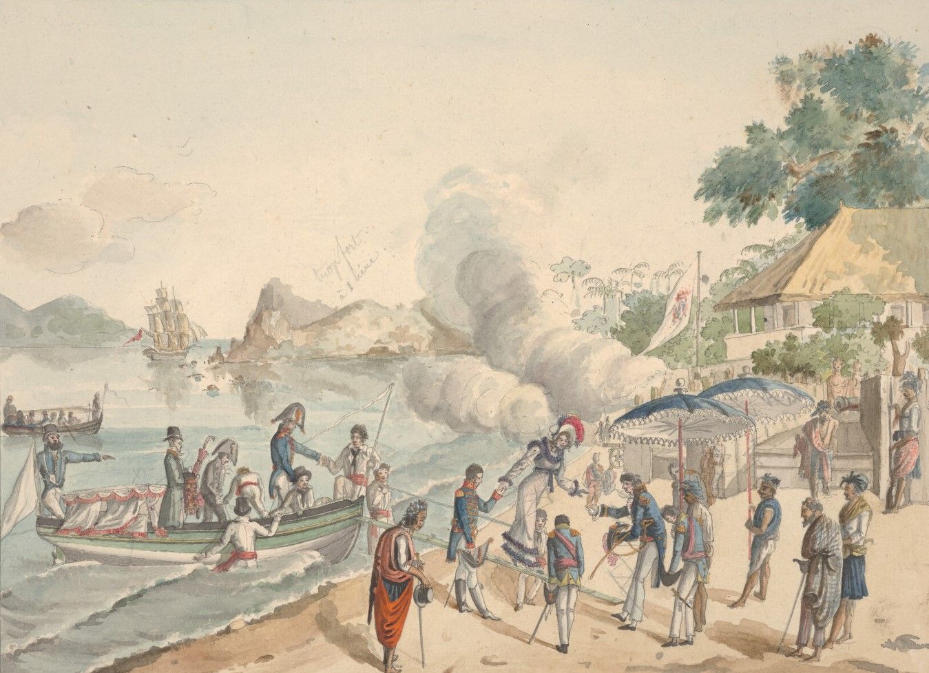 Watercolour of a group of people landing ashore