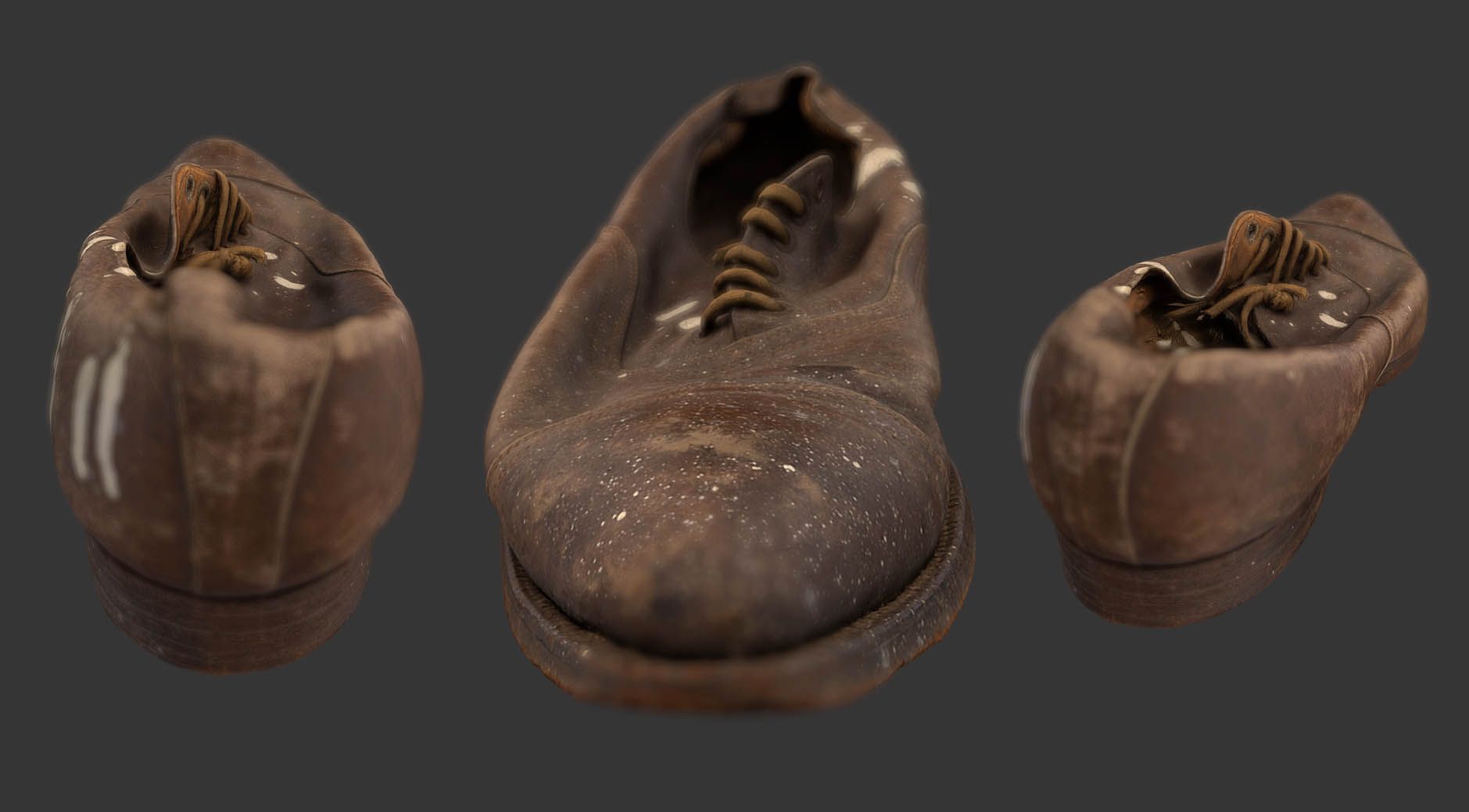 Image of a 3D scan of a dark brown leather shoe on a dark background