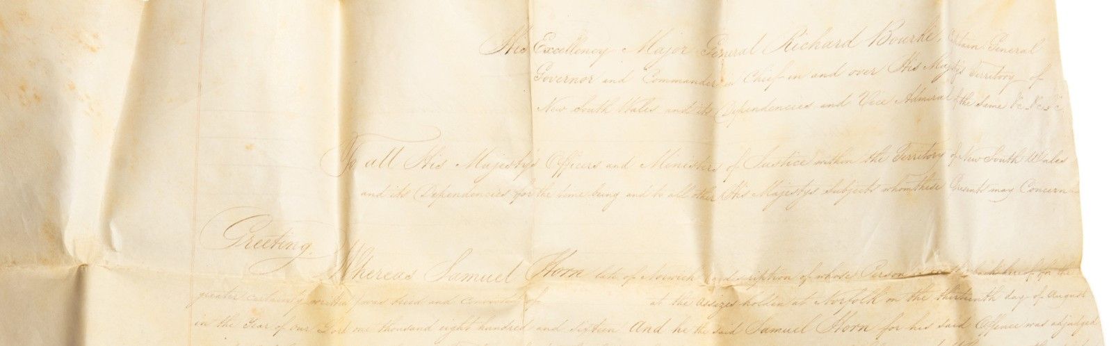 Letter containing a statement of absolute pardon for Samuel Henry Horn (more often known as  Horne), dated 1830 and signed by Governor Richard Bourke in 1832