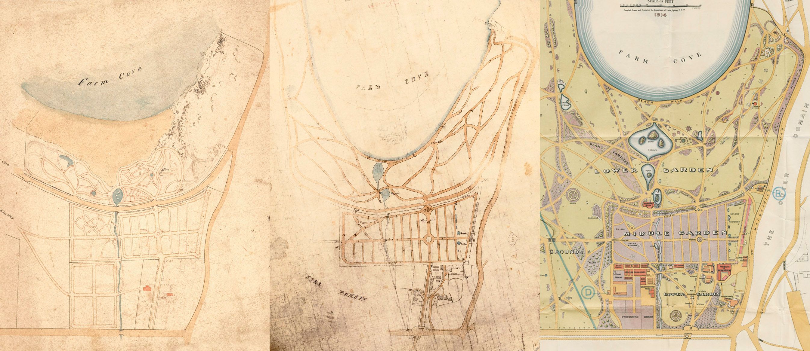 Plans of the Botanic Gardens in 1833, 1867 and 1914.