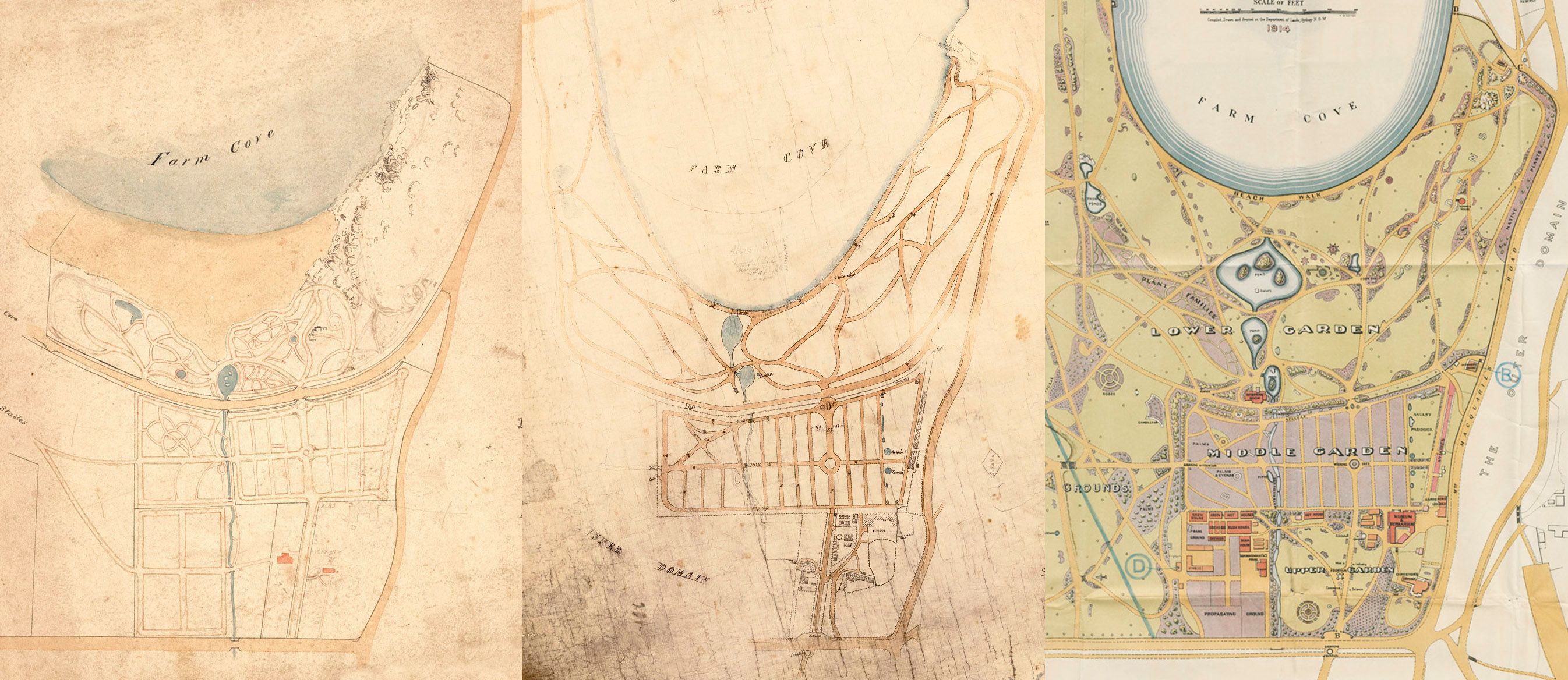 Plans of the Botanic Gardens in 1833, 1867 and 1914.