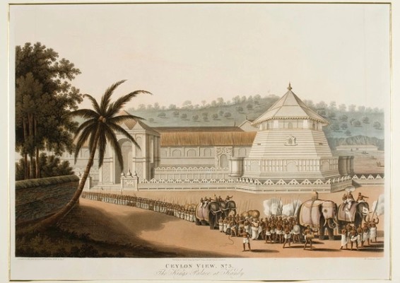 A hand-coloured aquatint of views in the island of Sri Lanka