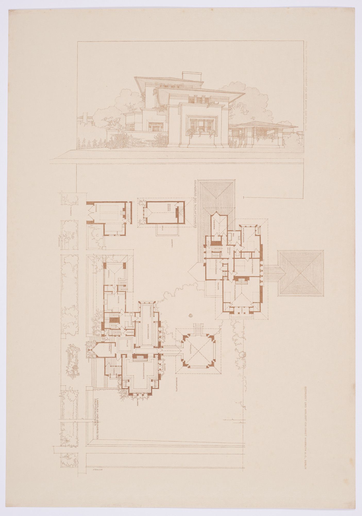 Drawing of a floor plan from the Wasmuth Portfolio