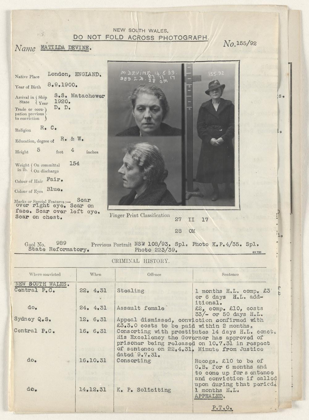 Mugshots of Tilly Devine showing her criminal history